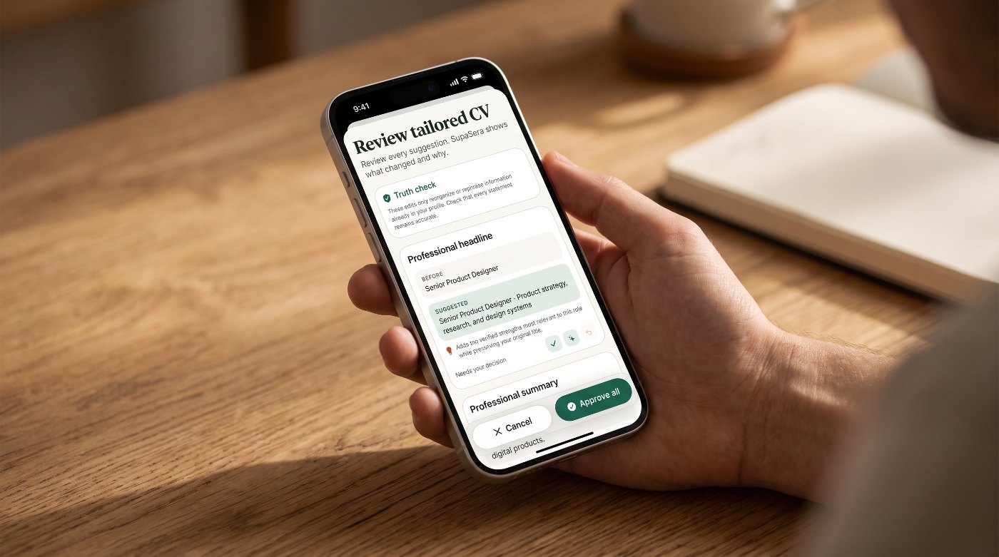 SupaSera tailored CV review on iPhone